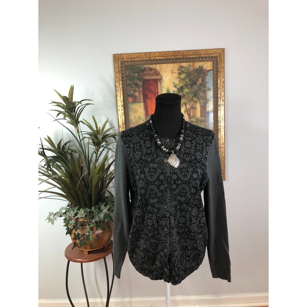 Croft &‎ Barrow Cardigan Sweater Women's Large Black Gray Geoprint Dark Academia